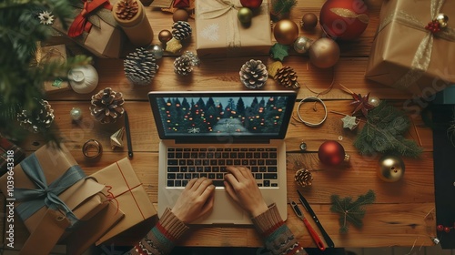 Festive holiday card being designed on a laptop, surrounded by craft supplies...