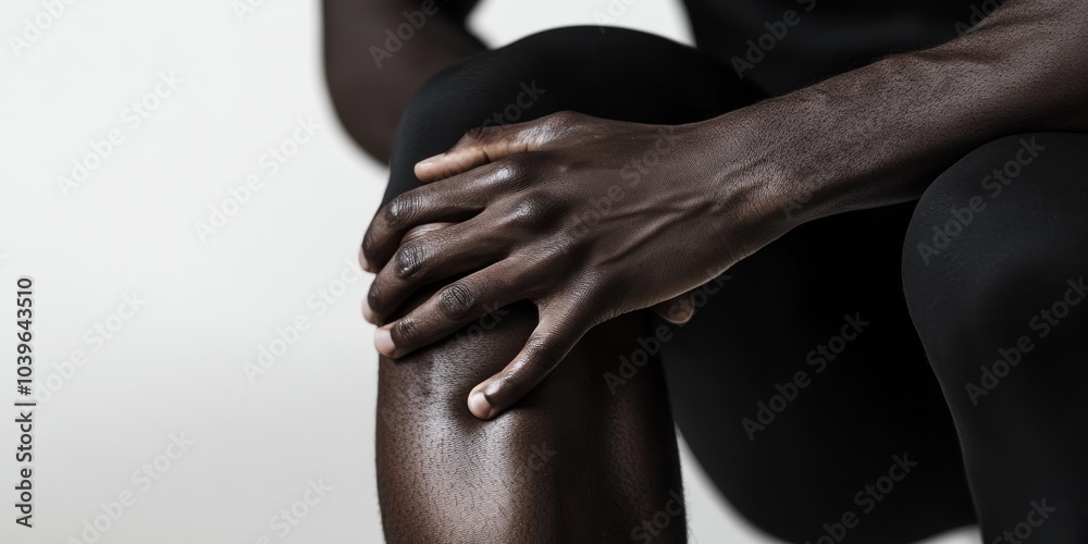 Naklejka premium A cropped shot of a black man holding his sore knee, his fingers pressing into the painful area, with subtle shadows emphasizing the tension.