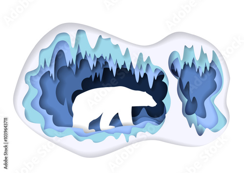 White bear inside ice cave paper cut craft vector illustration. Arctic and Antarctic ecosystem, wildlife and environment concept