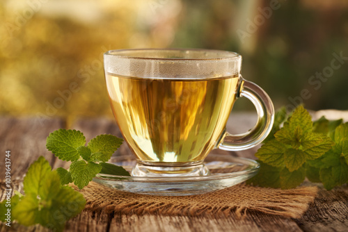 A transparent glass cup of herbal tea with fresh melissa or lemon balm