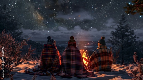 Friends bundled up in blankets, watching the stars around a campfire on a...