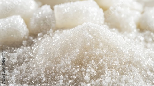 Granulated Sugar Heap. Closeup of Fine White Sugar Isolated on White Background