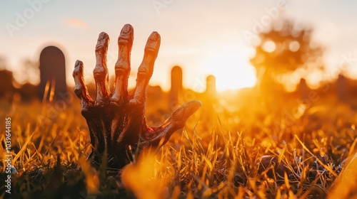 Zombie hand emerging from grass at sunset photo