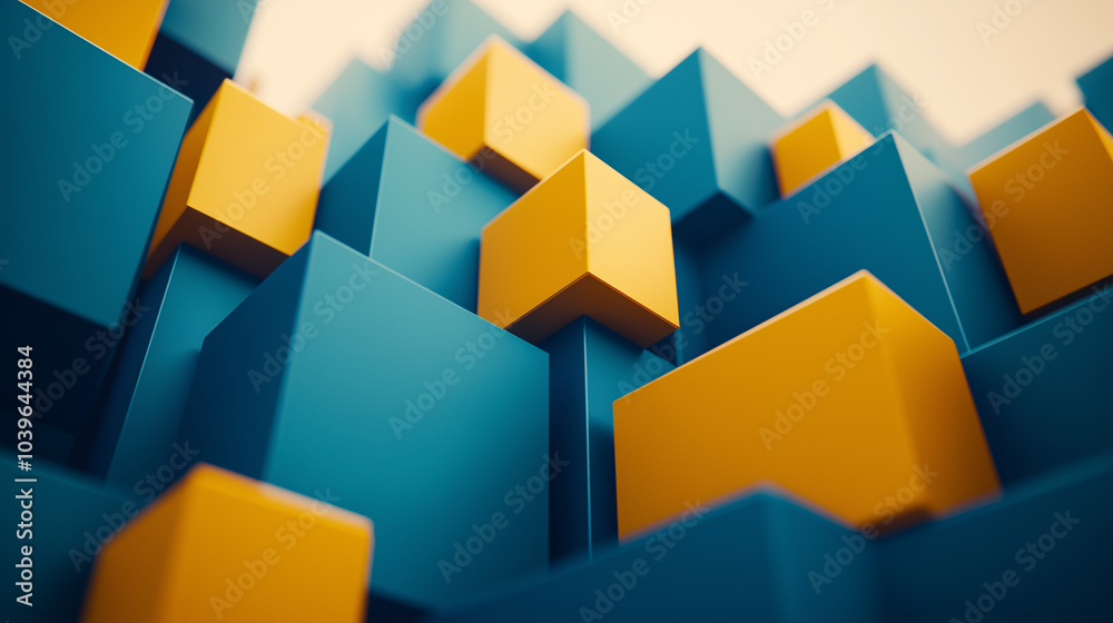 Abstract yellow and blue cubes in a 3D grid Abstract yellow and blue cubes in a 3D grid