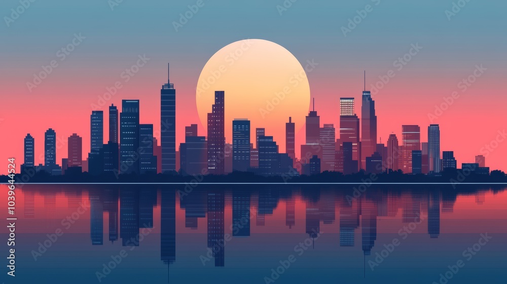Fototapeta premium Cityscape Silhouette at Sunset with Reflection