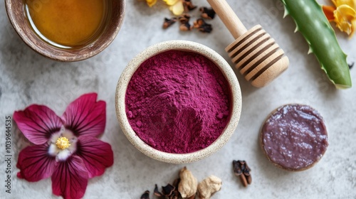 Hibiscus powder in a small dish, surrounded by DIY skincare ingredients like aloe vera and honey for face mask preparation.