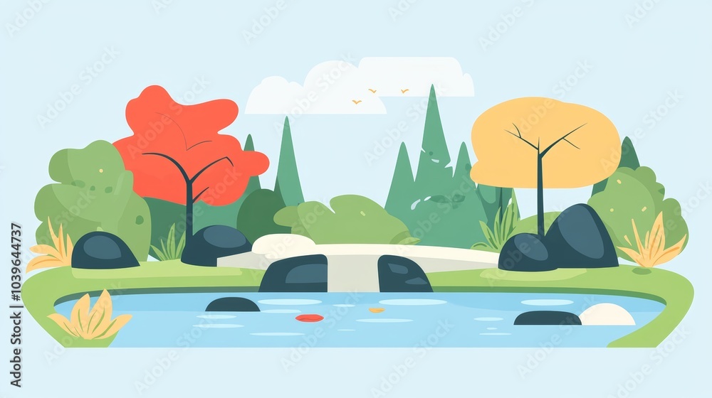 Fototapeta premium Picturesque Autumn Landscape with Pond and Waterfall