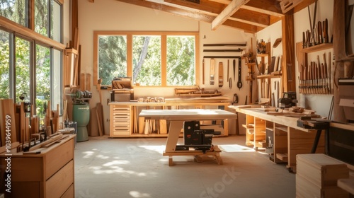 A tranquil woodworking studio with tools and timber, Workshop tools arranged in a well-lit space, Contemporary workshop style photo