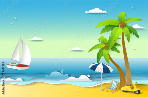 Sea sunny beach travel landscape with seashore, sand, palm tree, sailboat, moped, protective umbrella and deck chair lounge area craft paper cut art vector illustration. Topical summer vacation