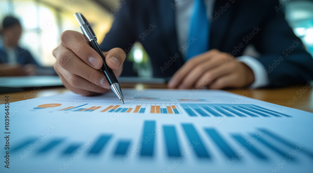 Close-up of hand writing on financial report with bar charts Close-up of hand writing on financial report with bar charts