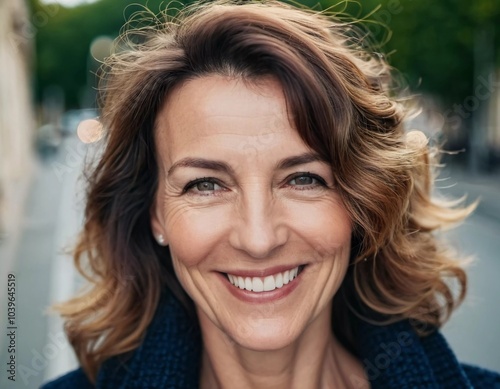 A cheerful woman 50 years old stands in a quaint French street, her smile bright against the warm backdrop of a sunny afternoon. The scenery embodies a serene and joyful atmosphere. Generative AI