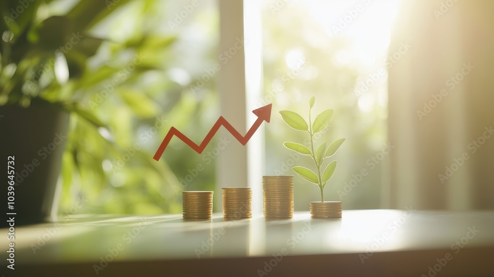 Red Upward arrow on money coin stack as growth graph steps in home shape symbol,Savings, income, home investment, real estate price value, property profit concepts,the rising price of real estate. Red Upward arrow on money coin stack as growth graph steps in home shape symbol,Savings, income, home investment, real estate price value, property profit concepts,the rising price of real estate.