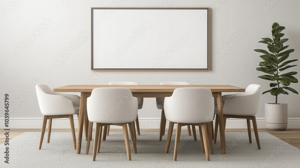 Fototapeta premium Stylish modern dining room featuring a sleek wooden table and a blank frame ready for personalization.