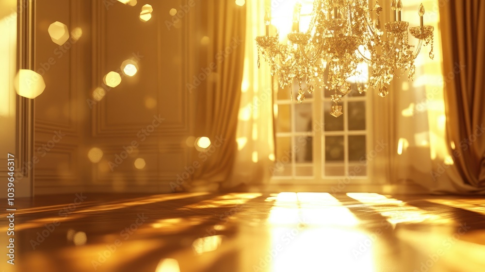 Luxurious sunlit room interior featuring a crystal chandelier, warm golden light filling the space, with bokeh reflections adding a sense of elegance. Luxurious sunlit room interior featuring a crystal chandelier, warm golden light filling the space, with bokeh reflections adding a sense of elegance.