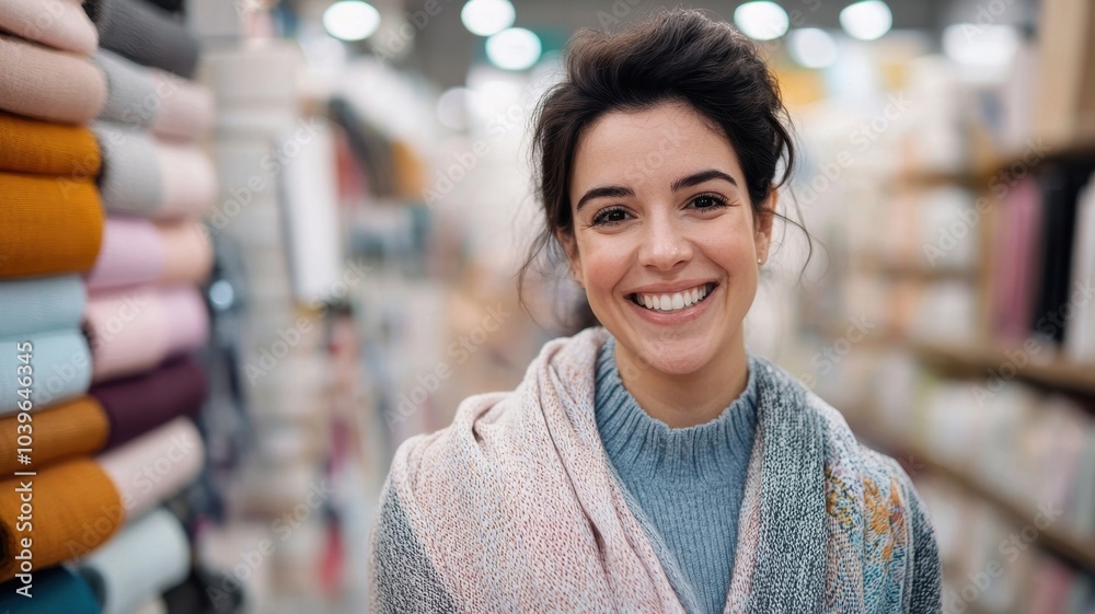 A smiling woman poses in a vibrant fabric store showcasing a warm personality amidst colorful textiles and crafting materials A smiling woman poses in a vibrant fabric store showcasing a warm personality amidst colorful textiles and crafting materials