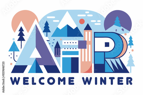 Welcome winter design featuring geometric trees and mountains for seasonal festivities