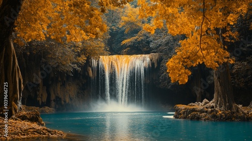 Majestic waterfall flowing through vibrant autumn forest in fall season, featuring stunning colors of red, orange, and gold leaves in a serene natural landscape