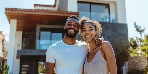 A joyful couple standing hand in hand in front of their brand-new home, smiling brightly, with the house modern architecture as a backdrop, representing the excitement of achieving a major milestone. photo