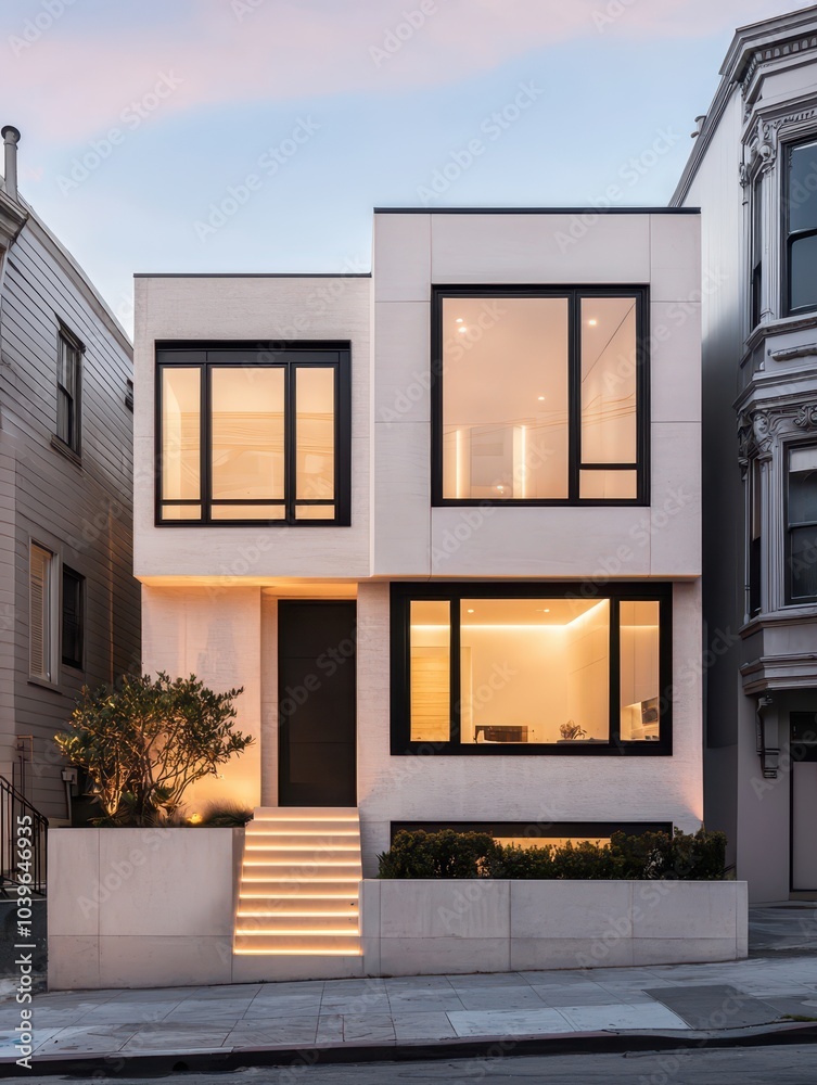Symmetrical Modern House Exterior Showcasing Eco-Friendly Materials and Innovative Design Symmetrical Modern House Exterior Showcasing Eco-Friendly Materials and Innovative Design