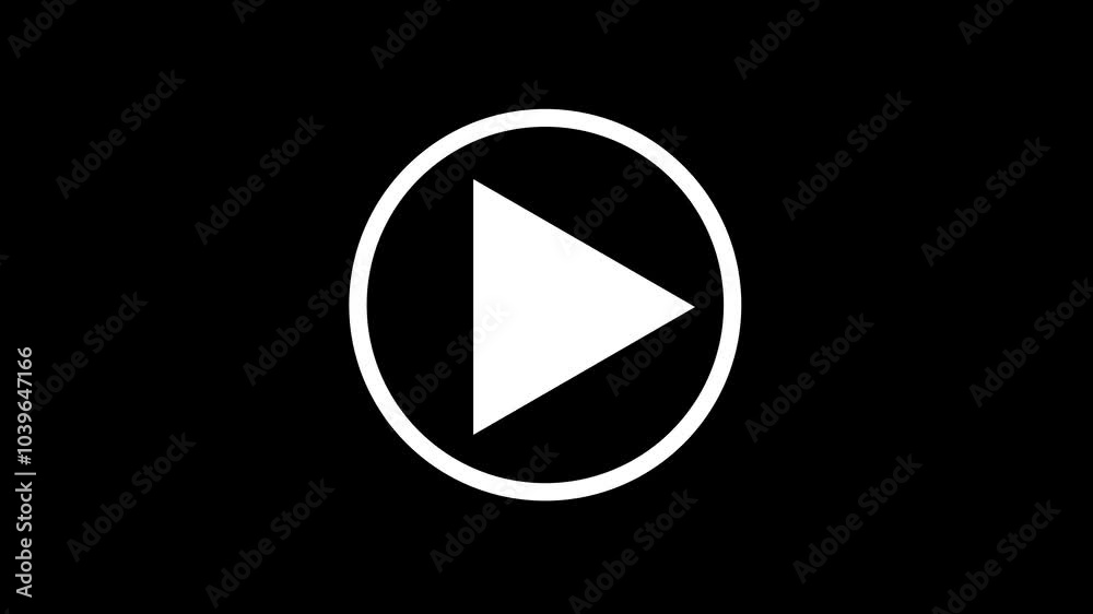 White circle Play button icon. Video and audio music play button animation icon on black background. Play button animation icon concept.