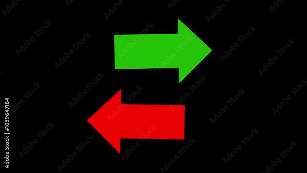 Right green arrow and left red arrow direction animation on black background. Right green arrow and left red arrow direction animation on black background.