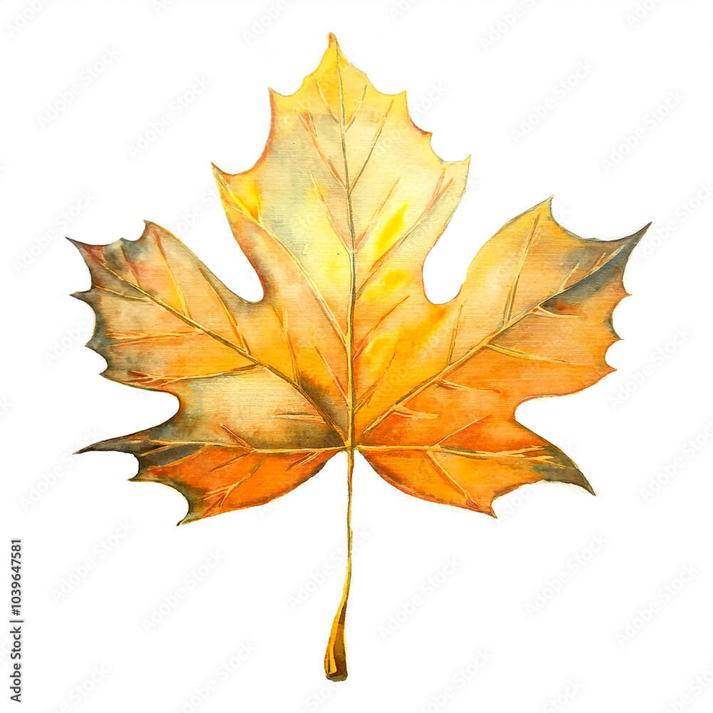 Obraz premium Beautiful yellow autumn leaf painted in watercolor, perfect for greeting cards and seasonal artwork. Close-up drawing. Watercolor painting of fall foliage and isolated on white background.
