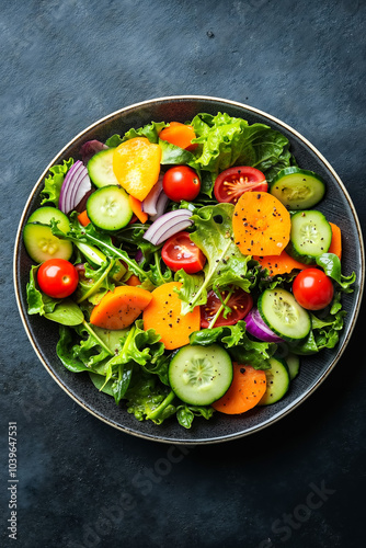 A plate of salad with tomatoes, cucumbers, onions, and other vegetables on a table