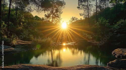 Crystal clear river golden sunbeams and lush greenery in a peaceful landscape