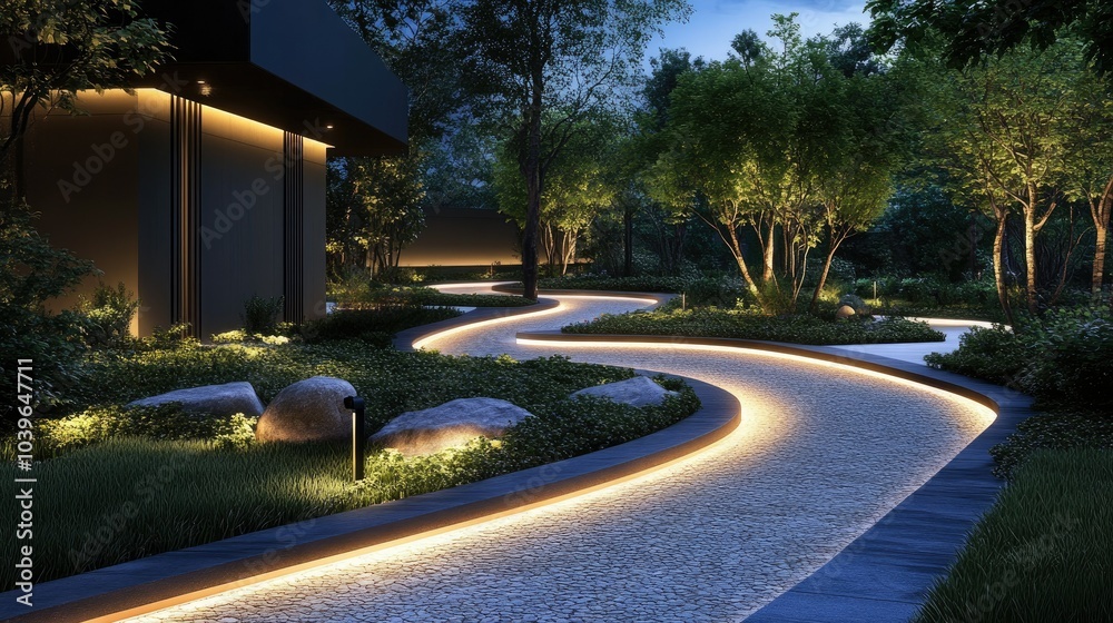 Modern garden path with softly glowing pathway lights at night, curved layout highlighted by subtle, refined lighting. Modern garden path with softly glowing pathway lights at night, curved layout highlighted by subtle, refined lighting.