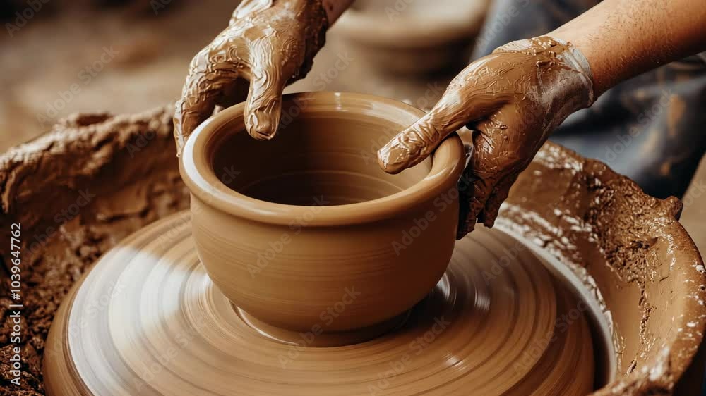 A potter shapes a clay bowl on a spinning wheel A potter shapes a clay bowl on a spinning wheel