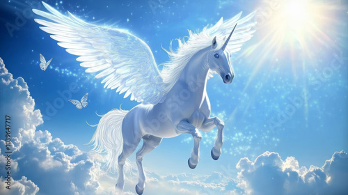 Create a stunning illustration of a majestic flying horse, capturing the magic and grace of this mythical creature.  photo