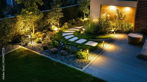 Wallpaper Mural Modern garden with illuminated pathway, warm lights softly accentuating the landscape design, creating a cozy evening atmosphere. Torontodigital.ca