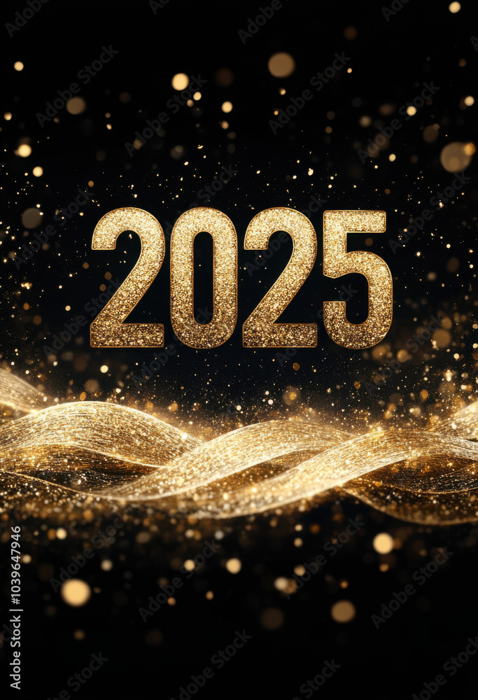 Elegant 2025 text with golden glitter waves on black background, New Year's celebration graphic Elegant 2025 text with golden glitter waves on black background, New Year's celebration graphic