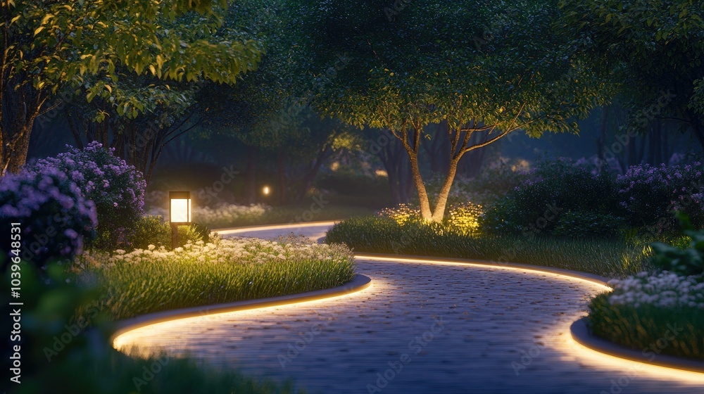 Obraz premium Modern pathway lights along a garden path, soft glow illuminating the path curve, highlighting the elegance of the landscaping design.