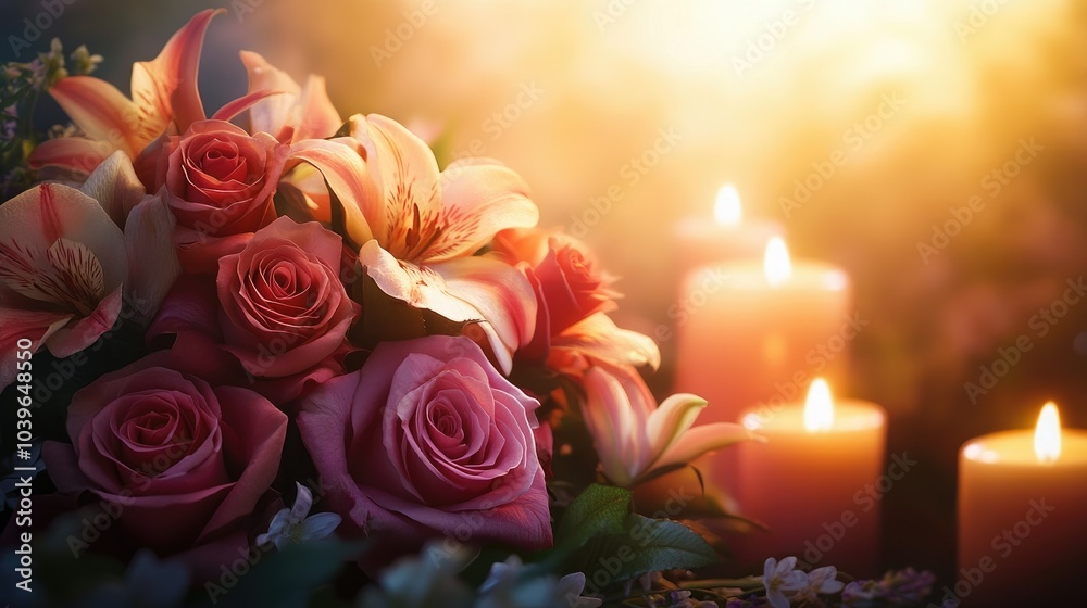 Mourning bouquet of roses and lilies in soft light, with candle flames creating a tranquil and reflective atmosphere.