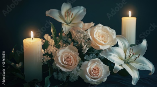 Mourning bouquet of roses and lilies in soft light, with candle flames creating a tranquil and reflective atmosphere.