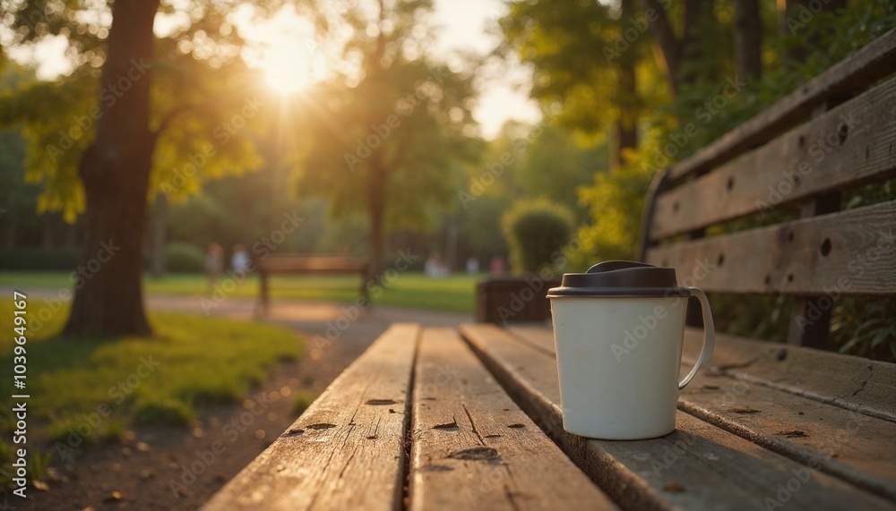 Solitary coffee cup on wooden bench at golden hour in peaceful park setting with copy space Solitary coffee cup on wooden bench at golden hour in peaceful park setting with copy space