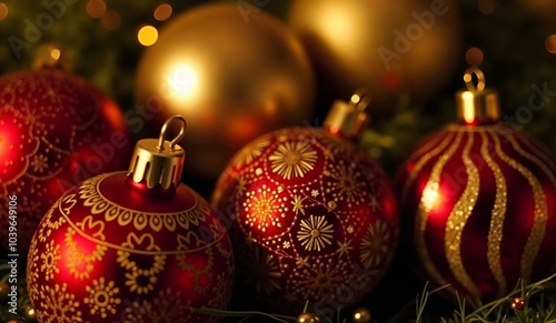 Glittering gold and red Christmas ornaments on the balls with soft focus background
