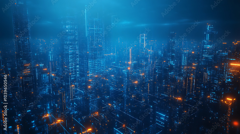 Fototapeta premium A futuristic cityscape illuminated by a vibrant blue glow, with towering skyscrapers connected by a network of luminous lines.