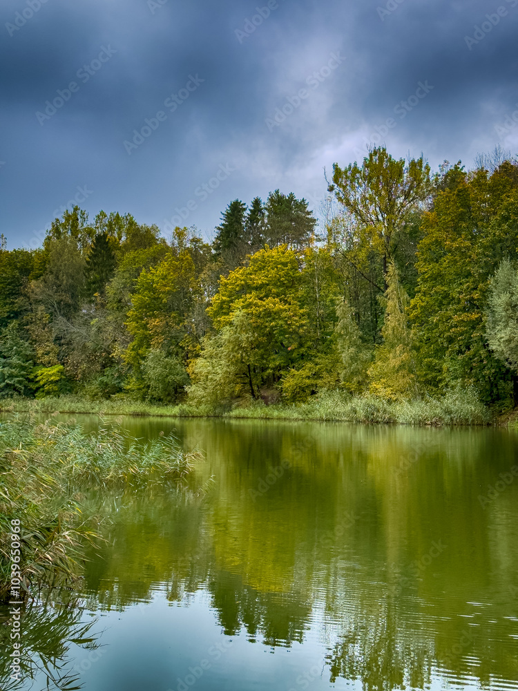 Fototapeta premium autumn, backgrounds, beautiful, blue, boat, calm, clear, cloud, cloudscape, coastline, edge, environment, forest, green, horizon, idyllic, lake, landscape, majestic, nature, outdoors, panoramic, pond,