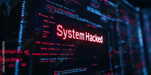 A red "System Hacked" warning on a dark computer interface, with glitching code and graphical errors spreading across the screen.