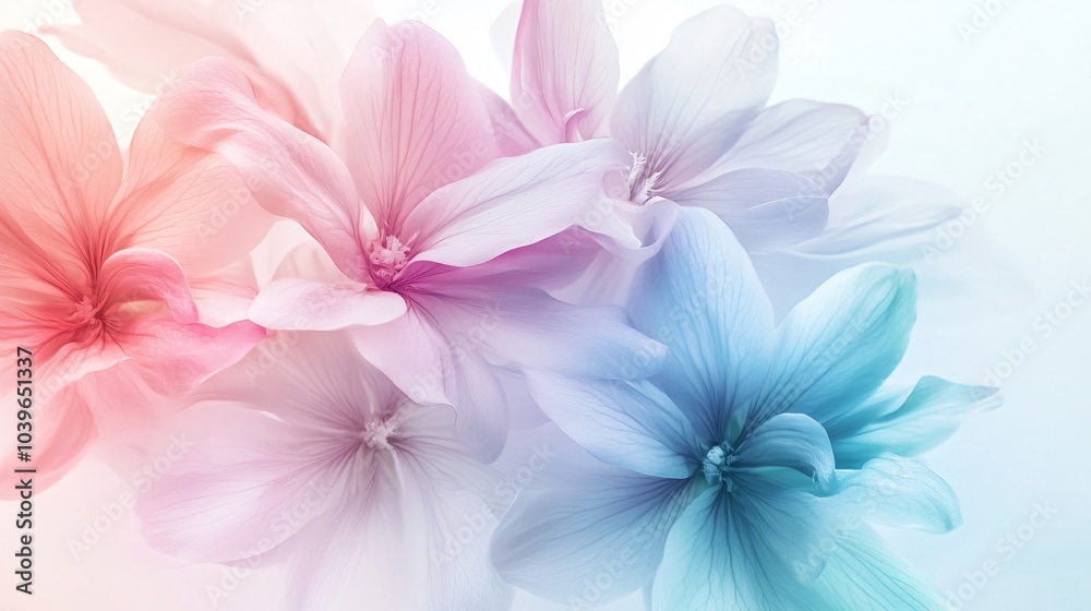 Close up of delicate pastel pink and blue flowers. Close up of delicate pastel pink and blue flowers.
