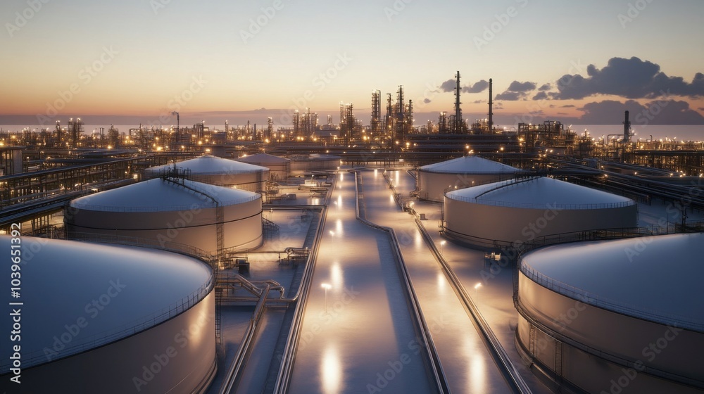 Industrial Landscape with Storage Tanks and Pipes Industrial Landscape with Storage Tanks and Pipes