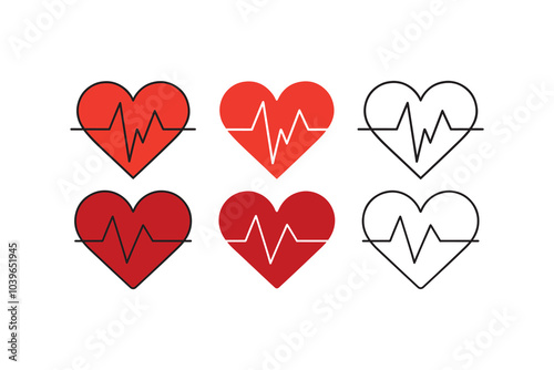 Red Heart with Pulse, Heart icons with Pulse, Hearbeat icon collection, heart beat pulse icon, heart beat outline, Cardiogram heart icon set.