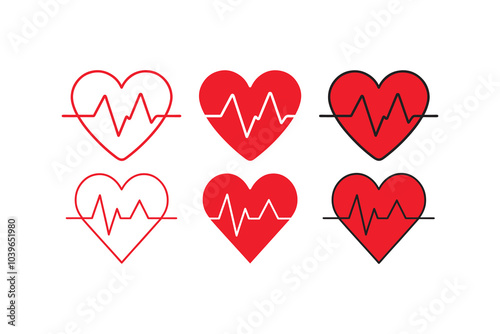 Red Heart with Pulse, Heart icons with Pulse, Hearbeat icon collection, heart beat pulse icon, heart beat outline, Cardiogram heart icon set.