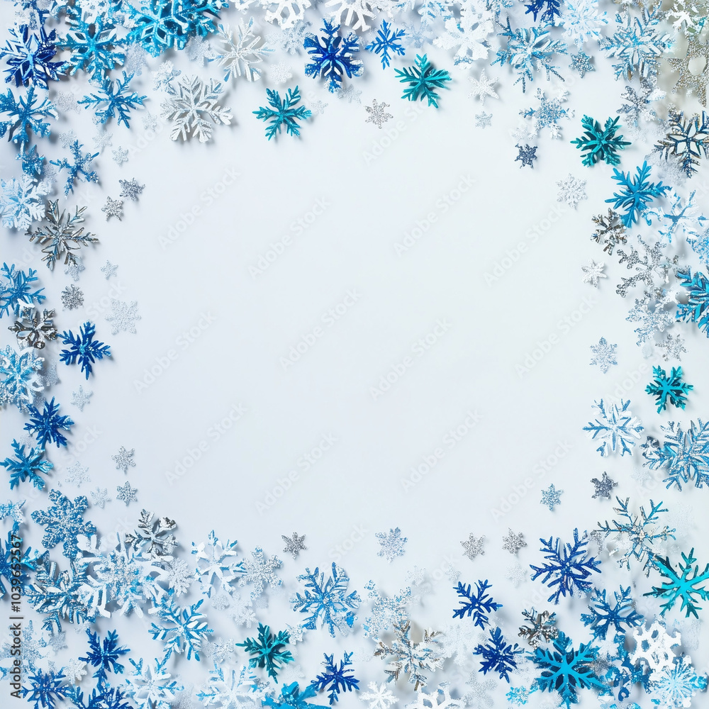Blue and white snowflakes forming a frame on white background. Blue and white snowflakes forming a frame on white background.