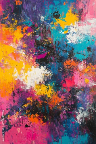 An abstract art painting showcasing a mix of vibrant colors and spontaneous brushstrokes, blending textures and hues in an explosion of creativity and emotional depth.