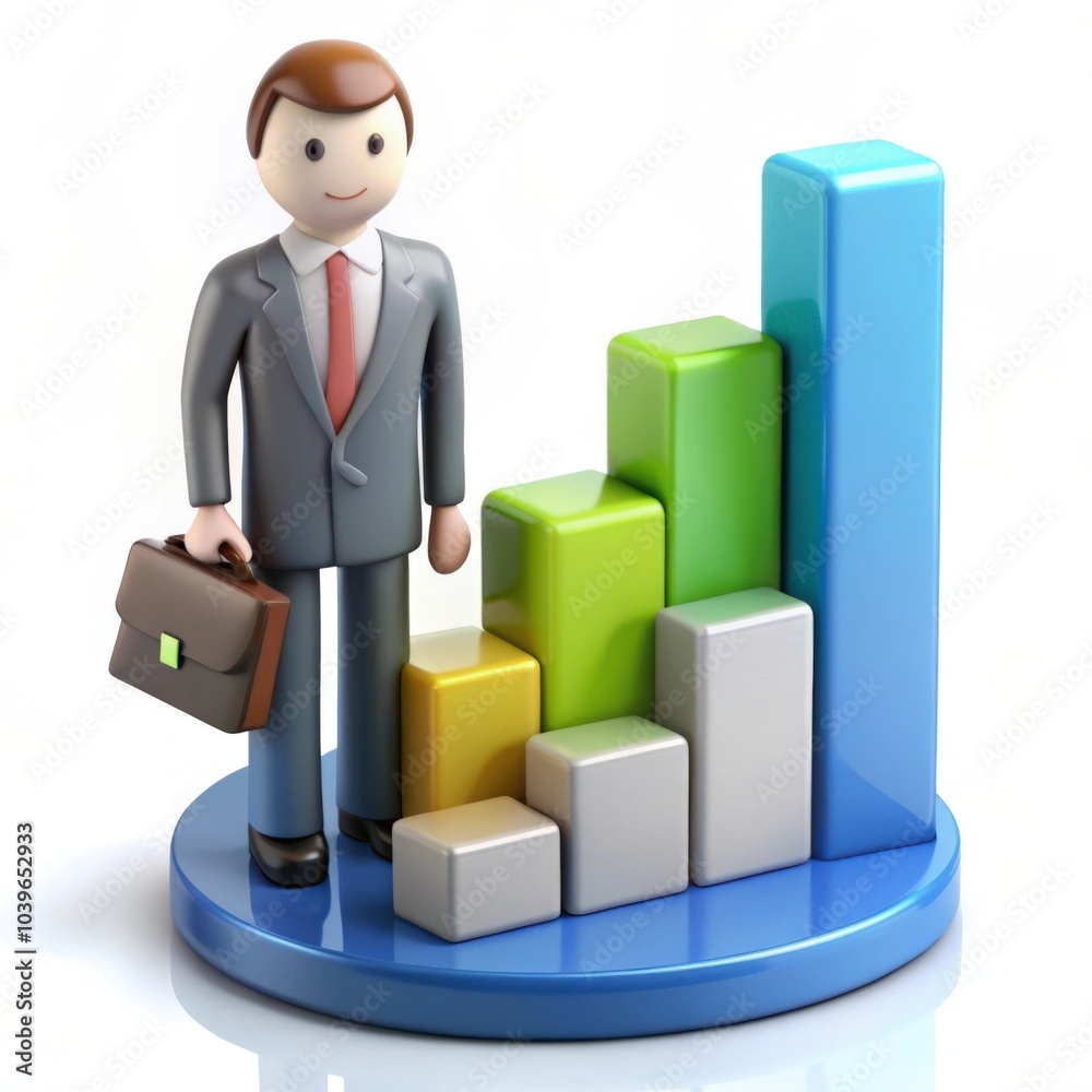 A 3D rendering of a businessman standing on a growing bar graph, holding a briefcase. Perfect for business, success, and growth themes A 3D rendering of a businessman standing on a growing bar graph, holding a briefcase. Perfect for business, success, and growth themes