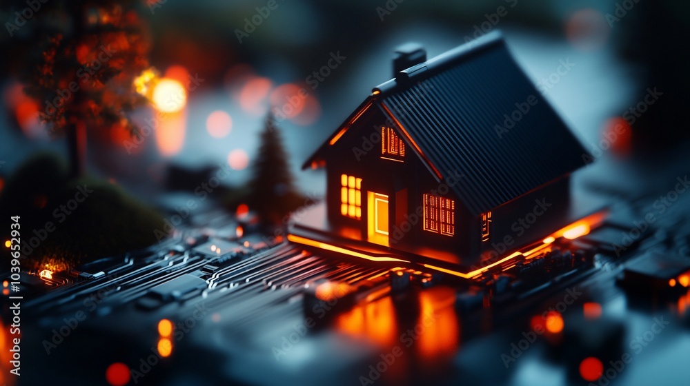 A miniature house with warm glowing lights sits on a circuit board, representing the future of smart homes. A miniature house with warm glowing lights sits on a circuit board, representing the future of smart homes.