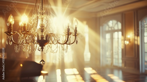Sophisticated room interior with chandelier, sunlight streaming in and casting a bokeh effect, highlighting opulent details and plush furnishings.